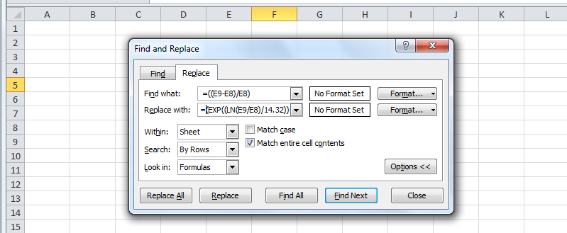 what is the command key for find and replace in excel 2013 mac